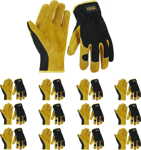 Miniatura 22 de HANDLANDY Guantes de jardinería de cuero para hombre, guantes de trabajo utilitarios para mecánicos, construcción, conductor 3 pares amarillo