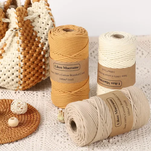 Miniatura 2 de Likeecords - Cordón trenzado de macramé de 3 mm x 100 m, 100% algodón para manualidades y proyectos de bricolaje (albaricoque)