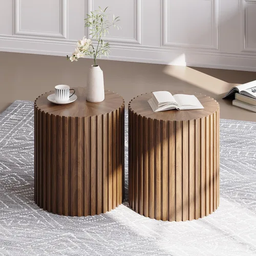Miniatura 11 de POVISON Mesa auxiliar, mesa de centro redonda de madera, mesa auxiliar moderna para sala de estar, mesa de centro acanalada, color negro, totalmente