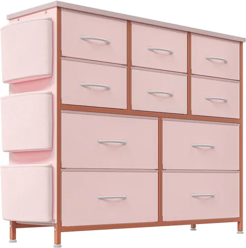 Jojoka Cómoda para dormitorio, cajón de almacenamiento de tela con 10 cajones, aparadores y cómoda con bolsillos laterales, ganchos, mesa de madera