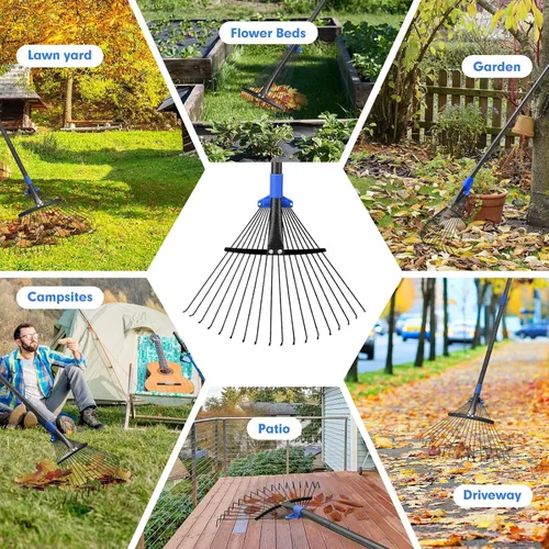 Miniatura 8 de Rastrillo de jardín ajustable para hojas - Rastrillo de metal resistente con cabeza expandible de 8-17" de largo, mango largo para césped, arbustos