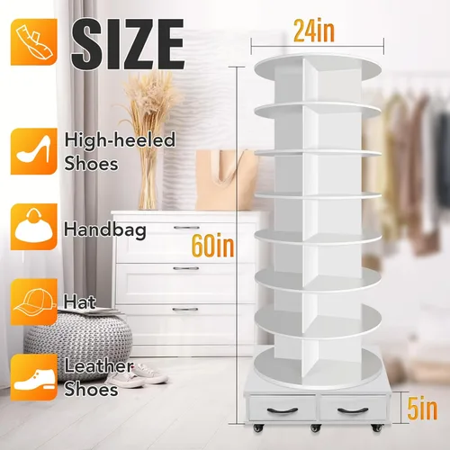 Miniatura 5 de Torre de estante giratorio para zapatos de 8 niveles contiene 2 cajones, Estante giratorio para zapatos Display Lazy Susan, Estantes giratorios