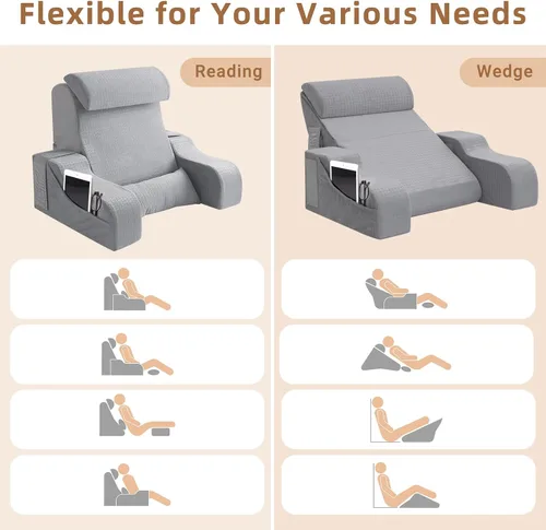 Miniatura 9 de 5 almohadas de lectura para sentarse en la cama para adultos, almohada plegable 2 en 1 con cuña para dormir, almohada ergonómica de apoyo de espalda