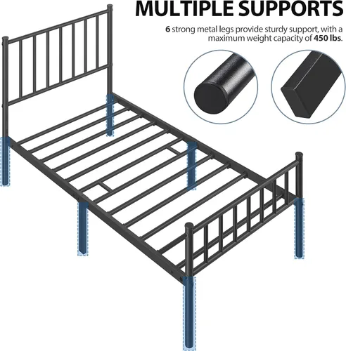 Miniatura 9 de Yaheetech Base de cama individual con plataforma de metal, base de colchón con cabecero y estribo, no necesita somier, almacenamiento debajo