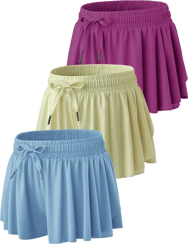 Miniatura 7 de Paquete de 3 pantalones cortos fluidos para niñas con forro de elastano, 2 en 1, faldas de mariposa para jóvenes, para fitness, correr, deportes