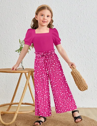 Miniatura 42 de DONWEN Conjunto de 3 piezas de ropa para niñas pequeñas y niñas con cuello cuadrado + pantalones elegantes + diadema para primavera y verano