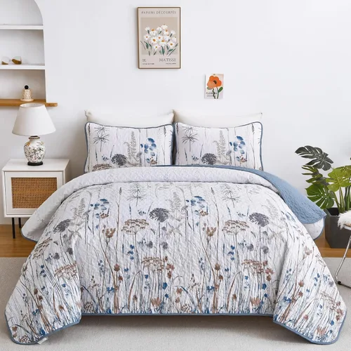 Miniatura 8 de Dobuyly - Juego de edredón para cama tamaño Queen, con diseño floral botánico en color teja, juego de edredón de 3 piezas, de microfibra suave