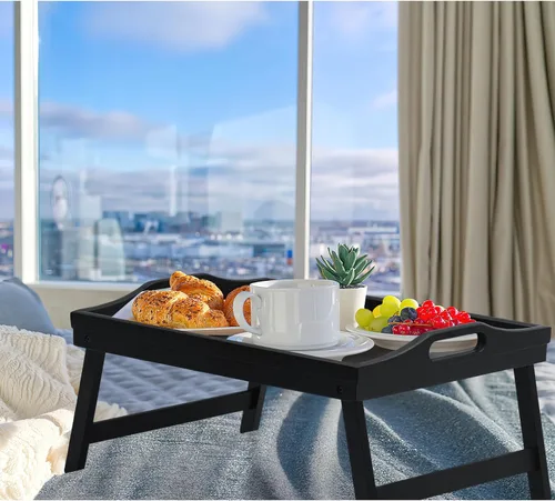 Miniatura 2 de Paquete de 2 bandejas de cama para mesa de desayuno, bandejas de servir, bandeja de bambú para cama portátil con patas plegables, asas y soportes
