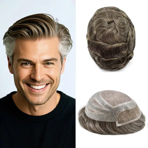 Miniatura 15 de Sistema de cabello frontal de encaje francés para hombres, tupé duradero para hombre, línea capilar natural, fino mono tupé para hombres, protesis