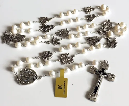 Miniatura 9 de elegantmedical Stations of the Cross - Rosario de oración con perlas blancas reales, caja de regalo católica, Perla