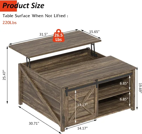 Miniatura 3 de PUKAMI Mesa de centro elevable con almacenamiento, mesa de centro de granja de 31.5 pulgadas para sala de estar, mesas de centro cuadradas con gran