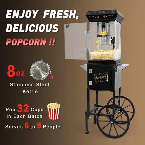 Miniatura 4 de Máquina de palomitas de maíz con carrito y ruedas, máquina para hacer palomitas de maíz con hervidor de acero inoxidable de 8 onzas, máquina de maíz