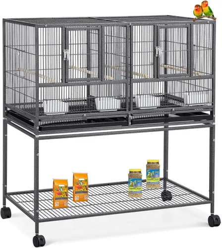 Miniatura 9 de Jaula Doble Apilable con Centro Dividido, Puertas de Caja de Anidación Lateral para Criador de Aves de Vuelo, Jaula Doble Rodante para Aviarios