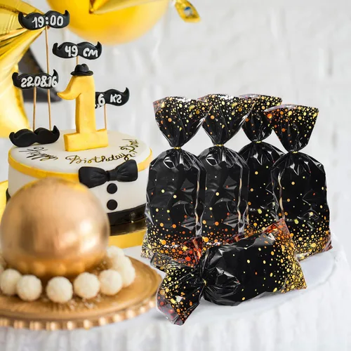 Miniatura 5 de Censen 100 bolsas de celofán de graduación, bolsas de celofán negro y dorado, 10.8 x 5 pulgadas, bolsa de plástico para dulces con 100 lazos dorados