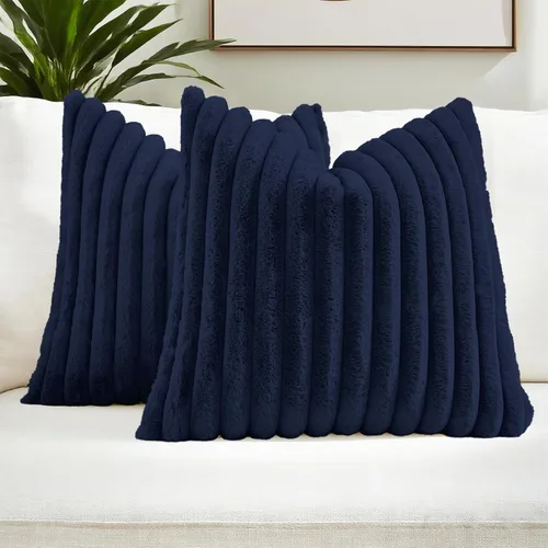 Miniatura 56 de FUTEI - Juego de 2 fundas de almohada decorativas con rayas, cuadradas, para invierno, piel sintética de conejo suave y acogedora y respaldo