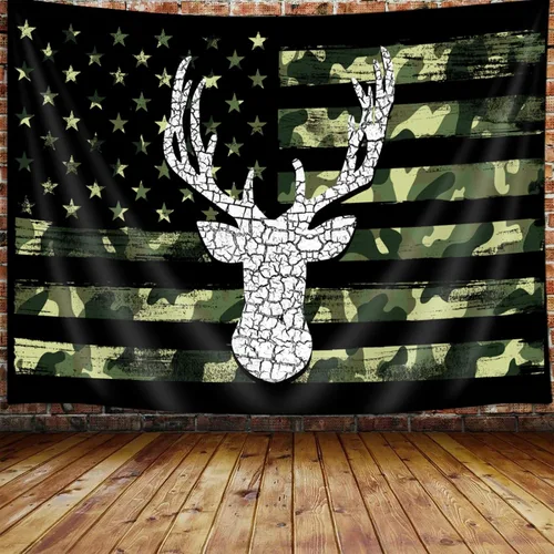 Miniatura 8 de Tapiz de Oso con Bandera Americana Country, Tapiz Rústico de Caza Camo Bass Bear en Blanco y Negro para Colgar en la Pared para Dormitorio de Oso