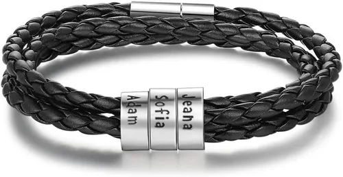 REMFACIO Mens Leather Bracelets Personalized Name Engraved Bracelet Leather Braid Bracelet Gifts for Men Dad Husband Grandpa Boyfriends