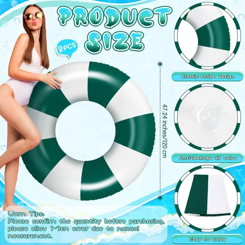 Miniatura 2 de Foilswirl Flotadores inflables jumbo de 47.24 pulgadas para piscina, anillos de piscina a rayas azules y blancas, tubo inflable para mujeres Verde