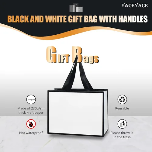 Miniatura 5 de Pequeñas bolsas de regalo blancas y negras a granel, 10 piezas de 8"x3.75"x6" bolsas de papel blanco y negro con asa de cinta, mini bolsas de regalo