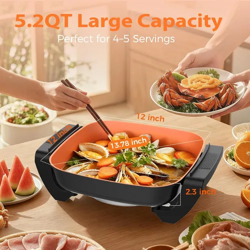 Miniatura 9 de OSTBA Sartén eléctrica de 12 x 12 pulgadas con tapa de vidrio, sartén antiadherente grande de 5.2 cuartos para comidas familiares, calentamiento
