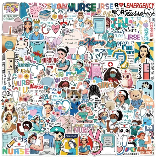 Divertidas calcomanías para enfermeras para niñas, enfermeras adultas, 100 unidades, lindas calcomanías estéticas de enfermería impermeables para