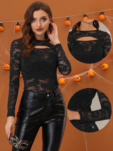 Miniatura 2 de Allegra K Top transparente para mujer, de manga larga, semi transparente, con encaje