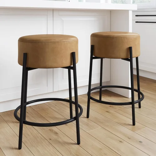 Nathan James Isaac 24" Taburete de bar sin respaldo moderno con asiento acolchado y tapizado redondo y base de metal de mediados de siglo, PU marrón