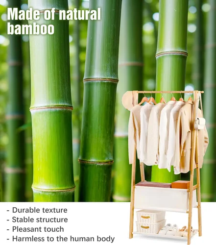 Miniatura 7 de Perchero de bambú con caja de almacenamiento y estante de almacenamiento, perchero portátil extra grande para ropa, armario plegable para entrada