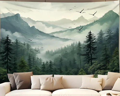 Miniatura 9 de QGHOT Tapiz de bosque brumoso, tapiz de montaña natural para colgar en la pared, paisaje de acuarela verde salvia, arte de pared para dormitorio
