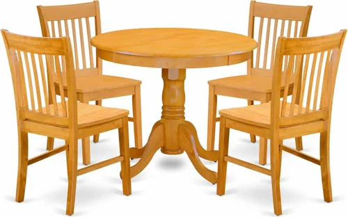East West Furniture ANNO5-OAK-W - Juego de muebles de comedor de 5 piezas que incluye una mesa de comedor redonda con pedestal y 4 sillas de asiento