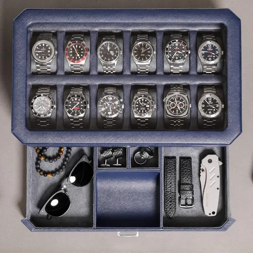Miniatura 8 de ROTHWELL Caja de reloj de cuero con 12 ranuras con cajón de valet, organizador de exhibición de lujo de 12 ranuras, forro de microgamuza, soporte
