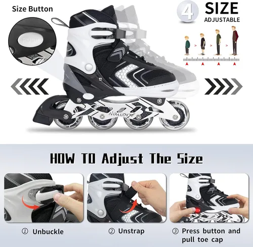 Miniatura 4 de Patines en línea NATTORK para niños, niñas y niños con ruedas completamente iluminadas, patines ajustables seguros y duraderos, patines para Negro