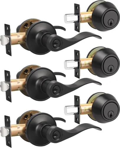Miniatura 20 de Gobrico Keyd Alike - Manija de puerta de entrada y cerrojo de un solo cilindro en níquel satinado, palanca estilo onda con cerradura y cerrojo