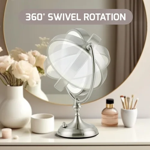 Miniatura 3 de OVENTE Espejo de maquillaje de mesa iluminado de 9 pulgadas con aumento 1X/5X, espejo de tocador de aumento de doble cara con luces LED regulables