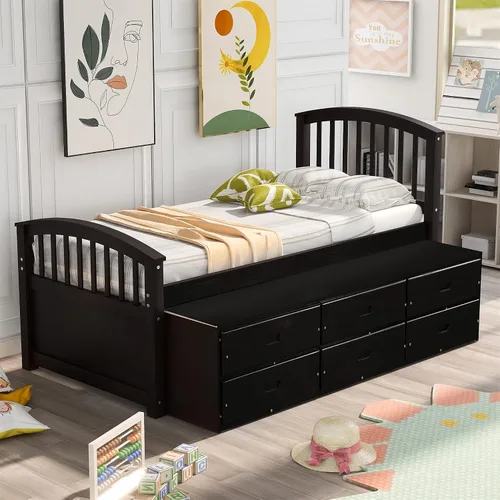 Miniatura 4 de Harper & Bright Designs Base de cama individual con cajones de almacenamiento, marco de cama de madera maciza, no necesita somier
