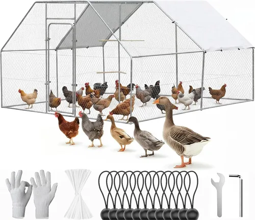Gallinero grande de metal con estructura para trepar, jaula de aves de corral para exteriores con parte superior plana y cubierta impermeable y