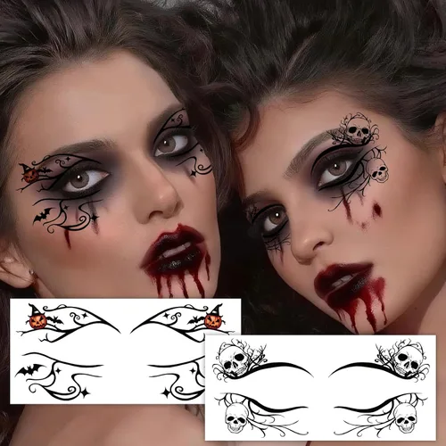 Miniatura 4 de 24 tatuajes temporales de cara de Halloween, diseños de pestañas superiores e inferiores, calcomanías falsas impermeables con motivos espeluznantes