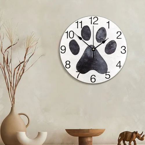Miniatura 6 de Reloj de pared con estampado de pata de perro negro, reloj de madera de 10 pulgadas, silencioso, sin tictac, funciona con pilas, para sala de estar