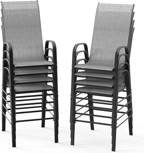 Miniatura 9 de VINGLI Juego de 4 taburetes de bar apilables para exteriores, sillas tipo honda con respaldo alto y reposabrazos, para césped, jardín, bar, gris