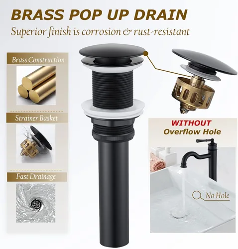 Miniatura 6 de Grifo de lavabo negro mate para fregadero de baño, alto, con un solo orificio, montaje sobre el lavabo, desagüe desplegable, sin desbordamiento