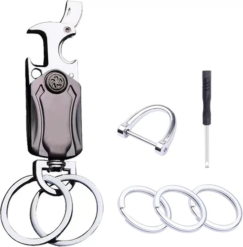 Vigorwise Llavero multifuncional con rotación de 360 grados con 5 llaveros, 1 anillo en D antipérdida, 1 destornillador, Graygun, talla única