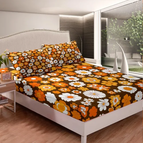 Miniatura 3 de Feelyou Juego de sábanas Groovy de los años 60 y 70 para niños, diseño retro de flores hippie con bolsillo profundo, sábana bajera vintage, bohemio