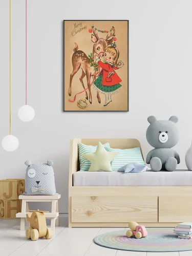 Miniatura 3 de Huabsad Arte de pared vintage de Navidad, regalos retro para niños, niñas lindas abrazando ciervos, impresiones estéticas de imágenes rústicas
