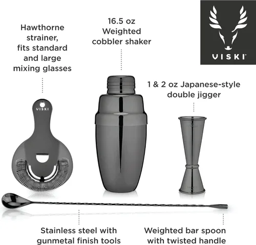 Miniatura 2 de Viski El kit de barman Gunmetal incluye coctelera, colador, jigger, cuchara de bar para cócteles clásicos, bebidas mixtas, cerveza fría