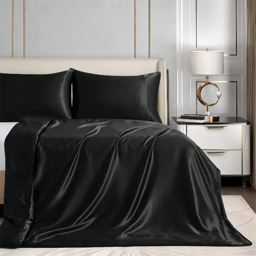 Homiest - Funda para manta con peso de 48 x 72 pulgadas, de satén negro con 8 lazos, con cremallera extraíble y sedosa, edredón de manta pesada de
