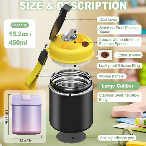 Miniatura 4 de Termo para comida caliente para niños, 15.8 onzas, recipiente de sopa a prueba de fugas, tarro de comida aislado de boca ancha con cuchara plegable