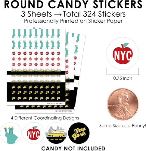 Miniatura 3 de Big Dot of Happiness NYC Cityscape - Calcomanías redondas pequeñas de caramelo para fiestas de la ciudad de Nueva York, 324
