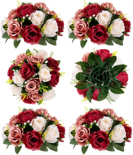 Miniatura 10 de BLOSMON Bolas de flores, centros de mesa de rosas de boda: 2 piezas de flores falsas carmesí decoración de bolas de besos Arreglos florales