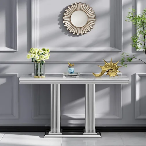 Miniatura 20 de SSLine Mesa de Centro Rectangular de Mármol Sintético para Sala de Estar, Mesa Central Moderna de Mármol Blanco de Lujo con Base Doble en Forma de U