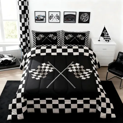 Castle Fairy Juego de edredón con bandera a cuadros en blanco y negro para niños, niñas, mujeres y adultos, edredón con temática de carreras, juego
